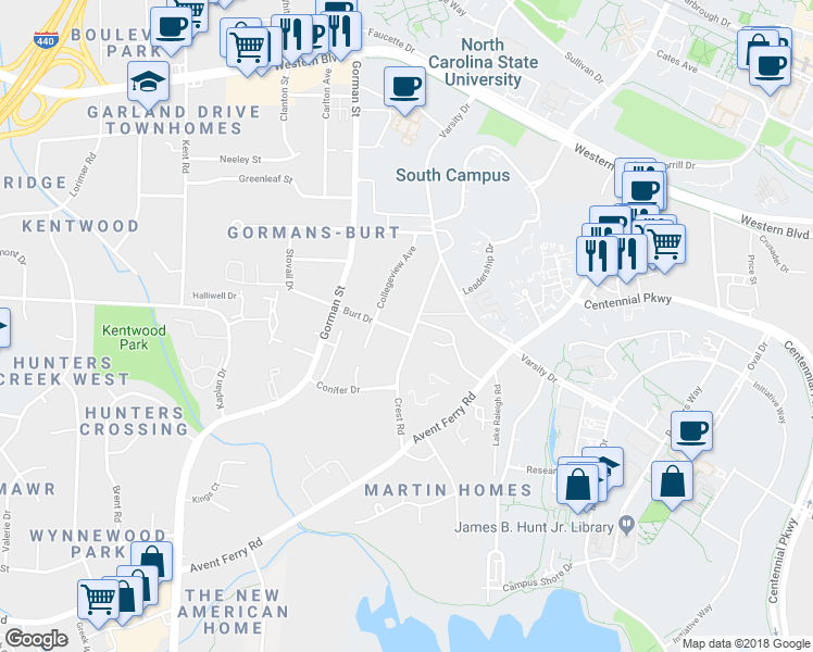 map of restaurants, bars, coffee shops, grocery stores, and more near 3612 Burt Drive in Raleigh