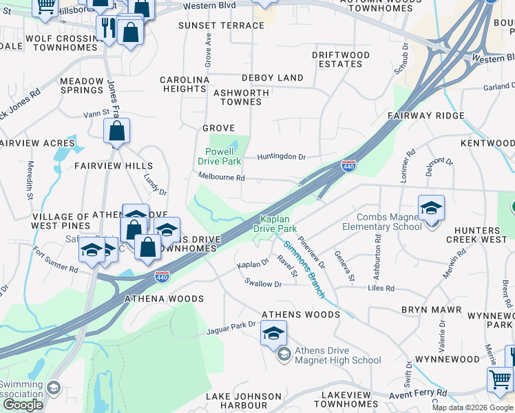 map of restaurants, bars, coffee shops, grocery stores, and more near 1009 Powell Drive in Raleigh