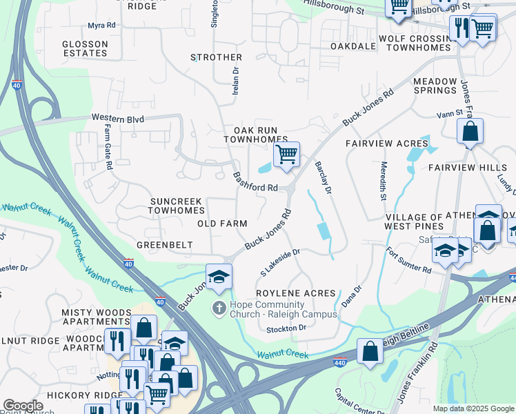 map of restaurants, bars, coffee shops, grocery stores, and more near 414 Westcliff Court in Raleigh