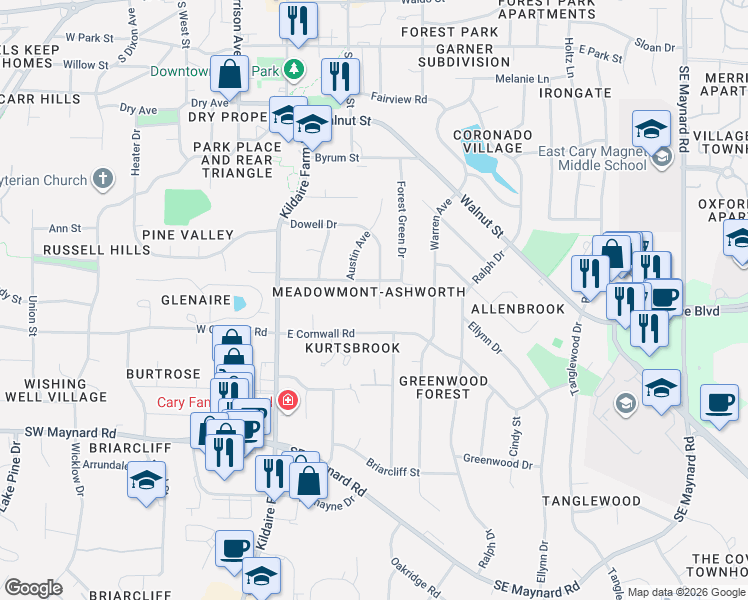 map of restaurants, bars, coffee shops, grocery stores, and more near 218 Meadow Drive in Cary