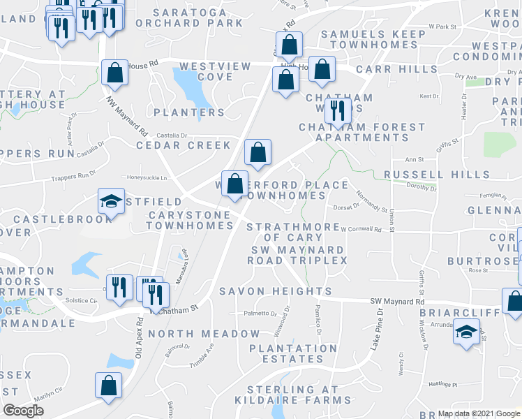 map of restaurants, bars, coffee shops, grocery stores, and more near 335 Danforth Drive in Cary