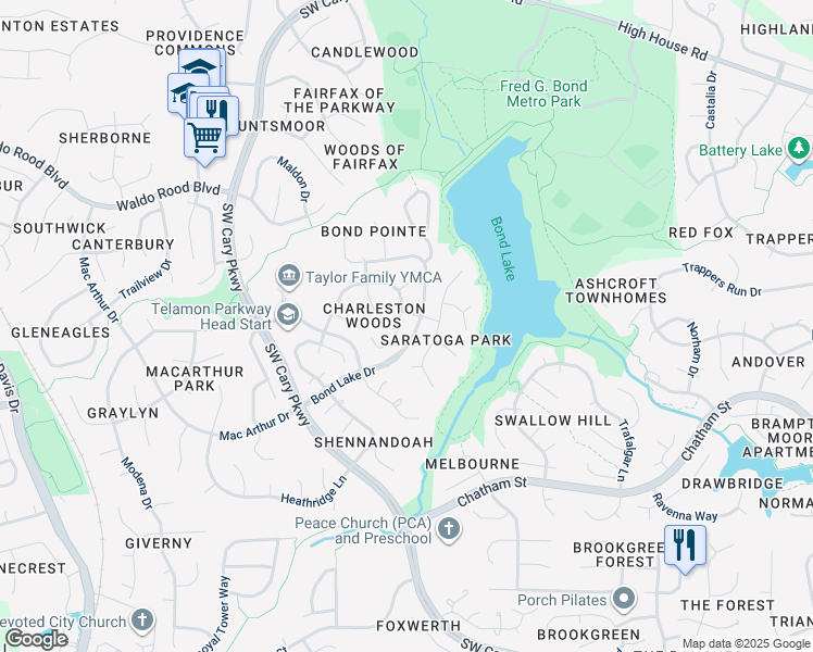 map of restaurants, bars, coffee shops, grocery stores, and more near 217 Custer Trail in Cary