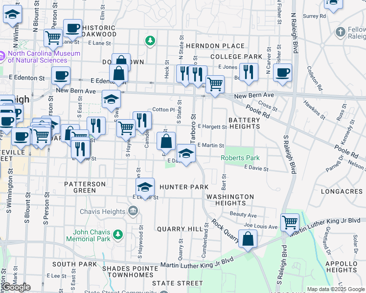 map of restaurants, bars, coffee shops, grocery stores, and more near 911 East Martin Street in Raleigh