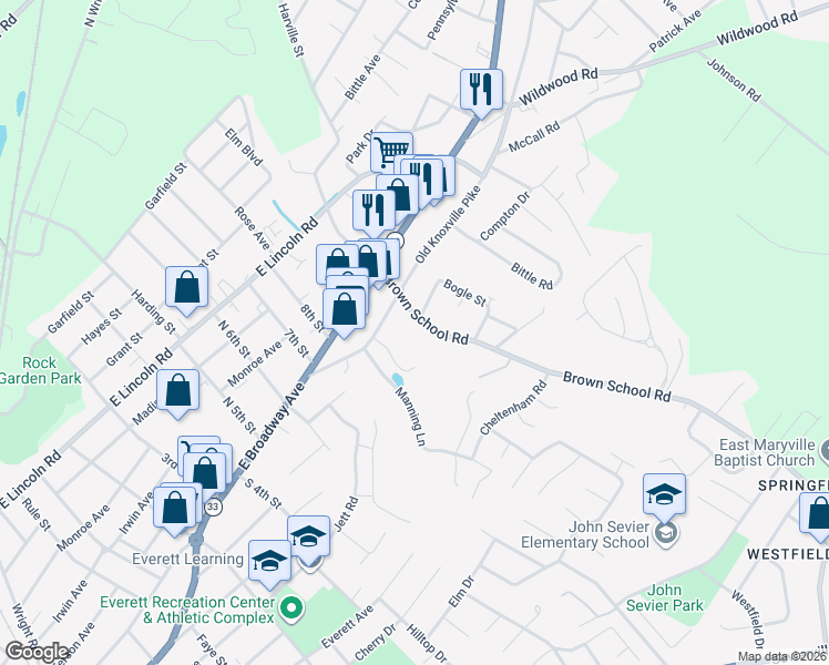 map of restaurants, bars, coffee shops, grocery stores, and more near 229 Brown School Road in Maryville