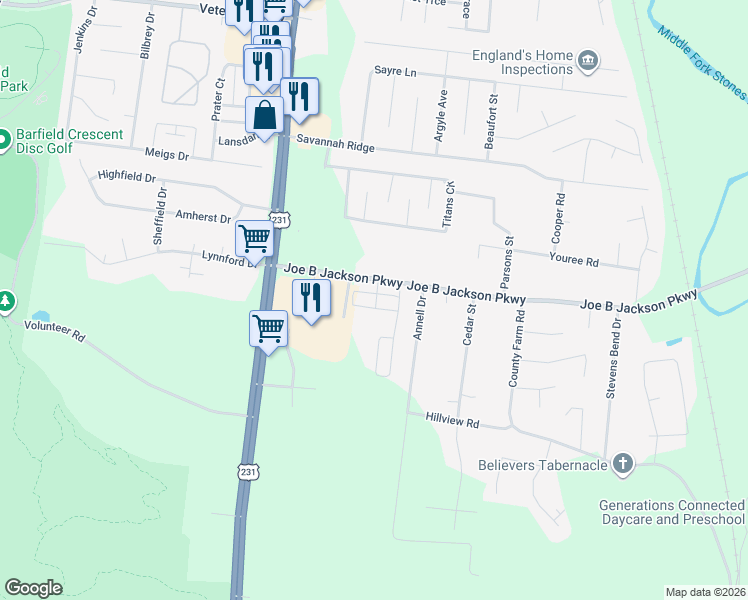 map of restaurants, bars, coffee shops, grocery stores, and more near 322 Rowlette Circle in Murfreesboro