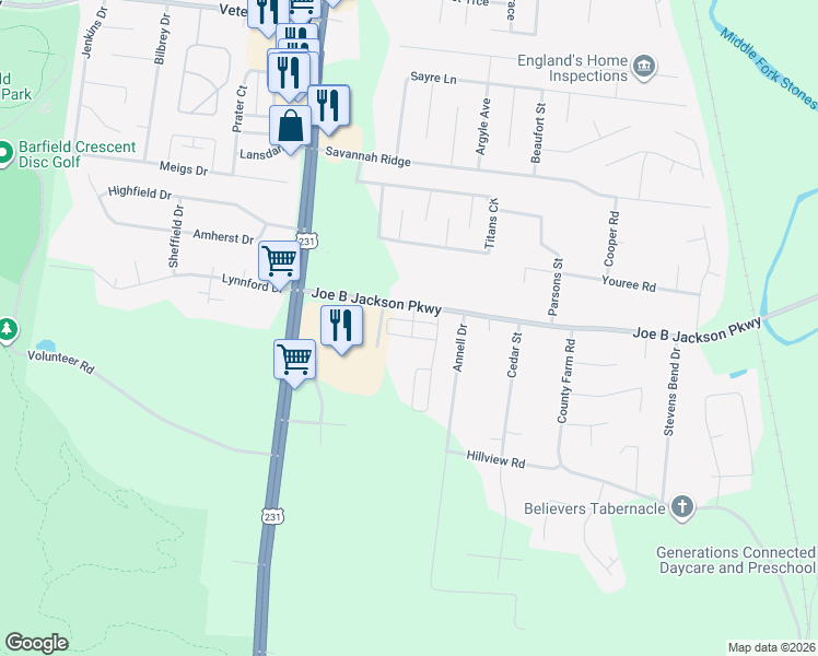 map of restaurants, bars, coffee shops, grocery stores, and more near 322 Rowlette Circle in Murfreesboro