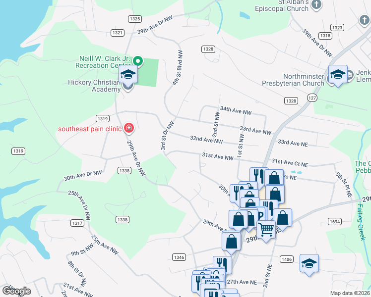 map of restaurants, bars, coffee shops, grocery stores, and more near 237 32nd Avenue Northwest in Hickory