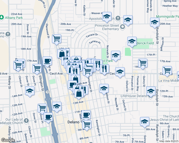 map of restaurants, bars, coffee shops, grocery stores, and more near 1614 Kensington Street in Delano