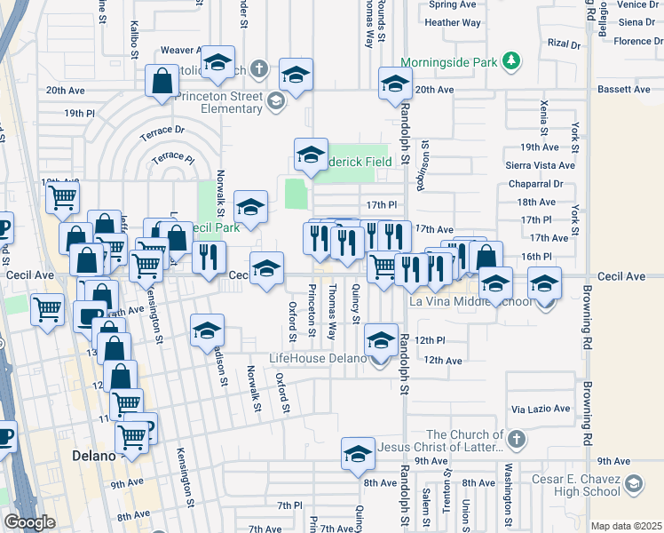 map of restaurants, bars, coffee shops, grocery stores, and more near 1631 Cecil Avenue in Delano