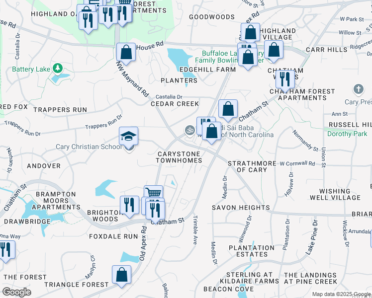 map of restaurants, bars, coffee shops, grocery stores, and more near 119 Candace Place in Cary