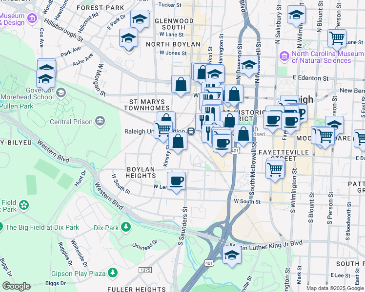 map of restaurants, bars, coffee shops, grocery stores, and more near 324 Dupont Circle in Raleigh