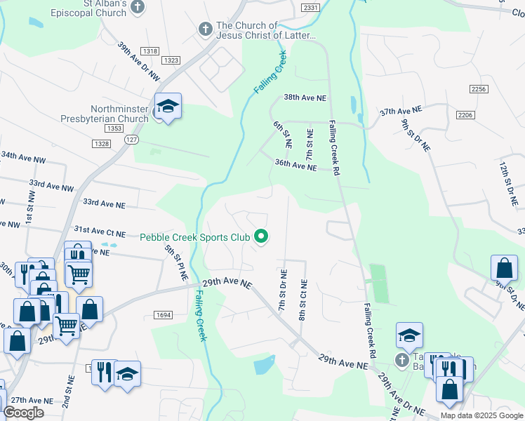 map of restaurants, bars, coffee shops, grocery stores, and more near 603 29th Avenue Northeast in Hickory