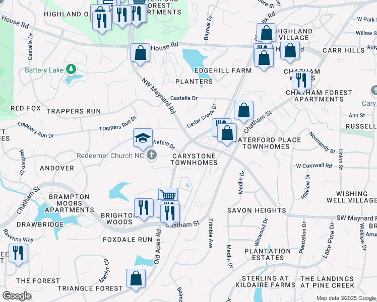 map of restaurants, bars, coffee shops, grocery stores, and more near 103 Joanne Circle in Cary