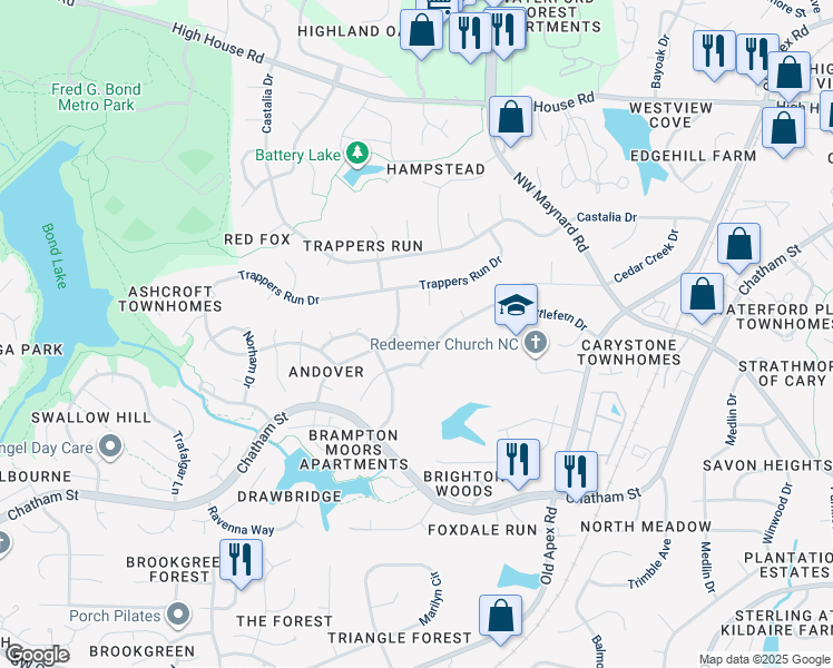 map of restaurants, bars, coffee shops, grocery stores, and more near 105 Treadwell Court in Cary