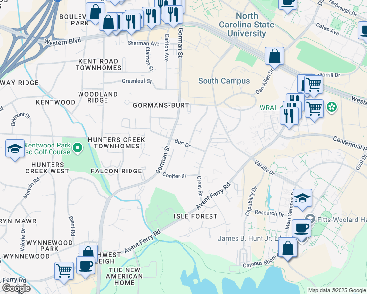 map of restaurants, bars, coffee shops, grocery stores, and more near 3707 Burt Drive in Raleigh