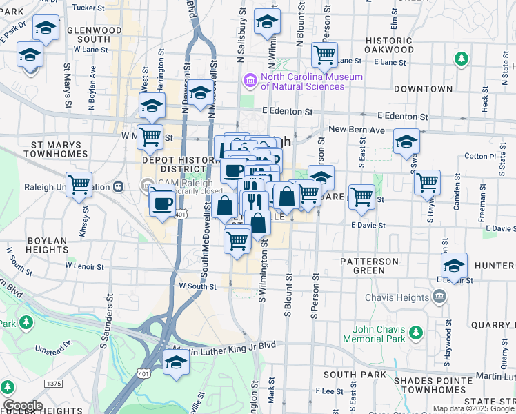 map of restaurants, bars, coffee shops, grocery stores, and more near 301 Fayetteville Street in Raleigh