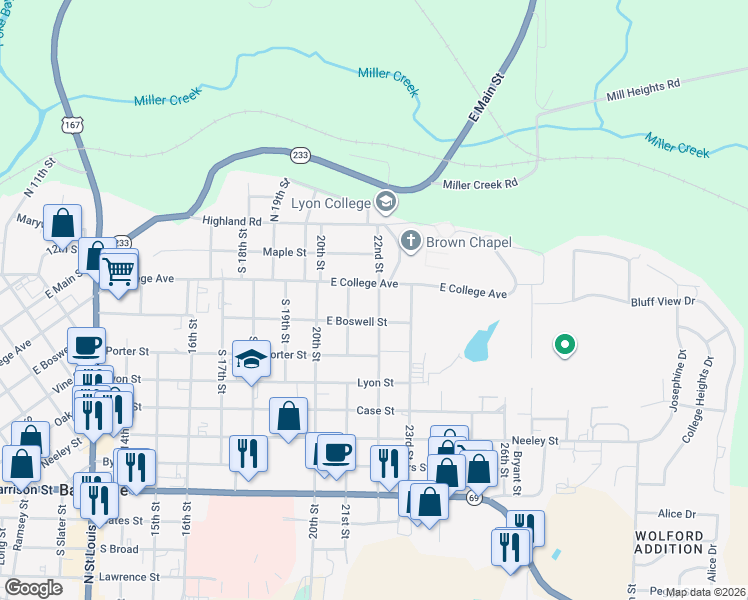 map of restaurants, bars, coffee shops, grocery stores, and more near 340 22nd Street in Batesville