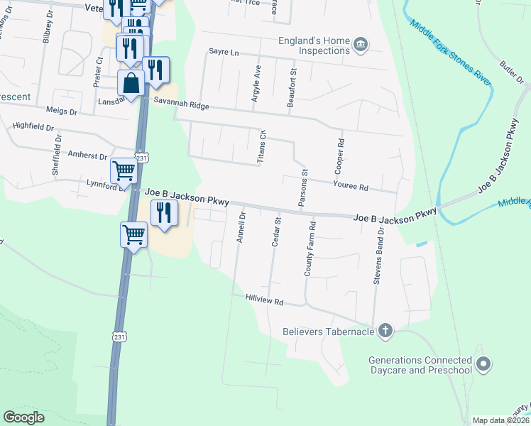 map of restaurants, bars, coffee shops, grocery stores, and more near 322 Joe B Jackson Parkway in Murfreesboro