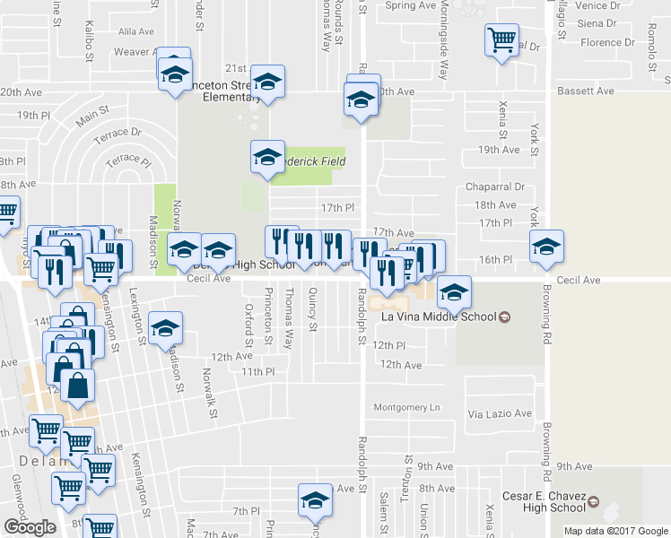 map of restaurants, bars, coffee shops, grocery stores, and more near 1727 Cecil Ave in Delano