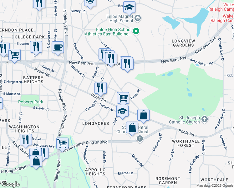 map of restaurants, bars, coffee shops, grocery stores, and more near 301 Shellum Street in Raleigh