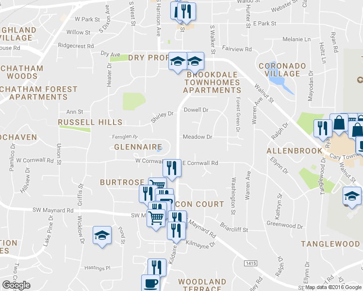 map of restaurants, bars, coffee shops, grocery stores, and more near 815 Kildaire Farm Road in Cary