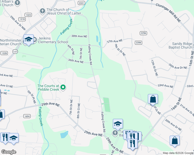map of restaurants, bars, coffee shops, grocery stores, and more near 3404 Falling Creek Road in Hickory