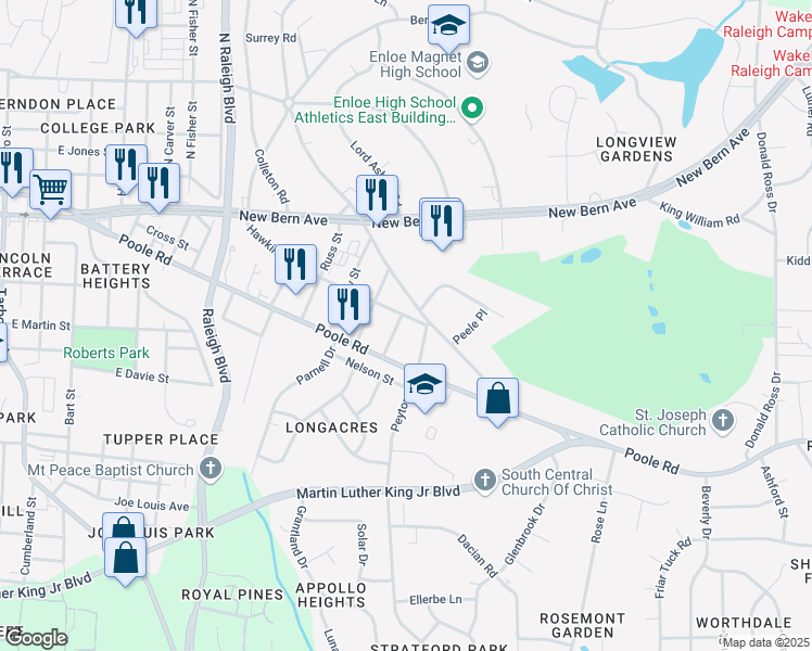 map of restaurants, bars, coffee shops, grocery stores, and more near 2204 Hawkins Street in Raleigh