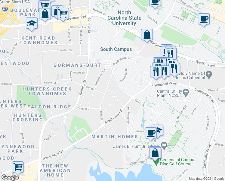 map of restaurants, bars, coffee shops, grocery stores, and more near 1527 Crest Road in Raleigh