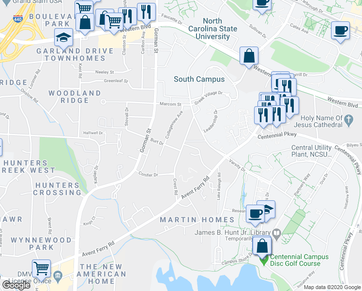 map of restaurants, bars, coffee shops, grocery stores, and more near 3612 Burt Drive in Raleigh
