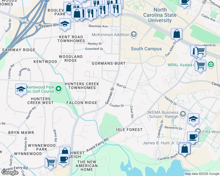 map of restaurants, bars, coffee shops, grocery stores, and more near in Raleigh
