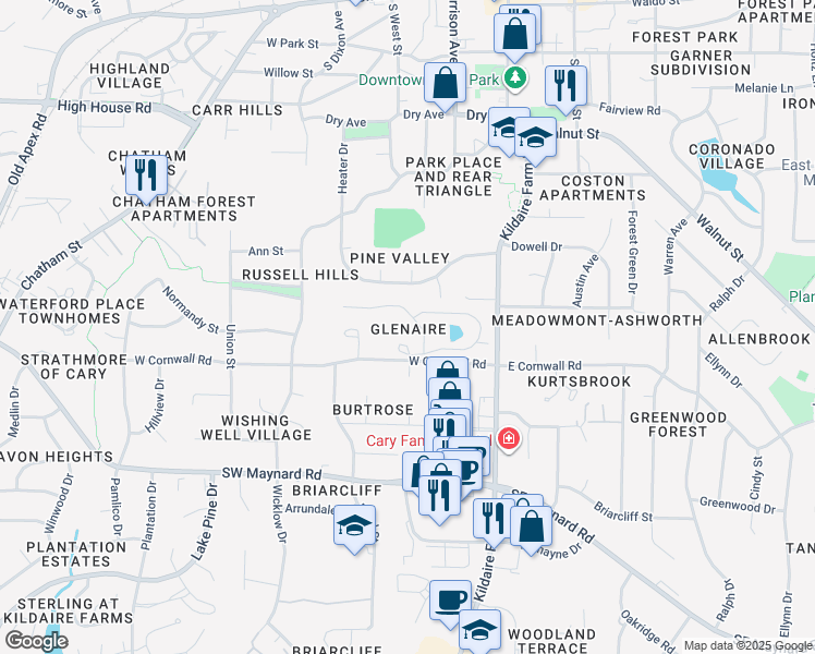 map of restaurants, bars, coffee shops, grocery stores, and more near 141 Wee Loch Drive in Cary