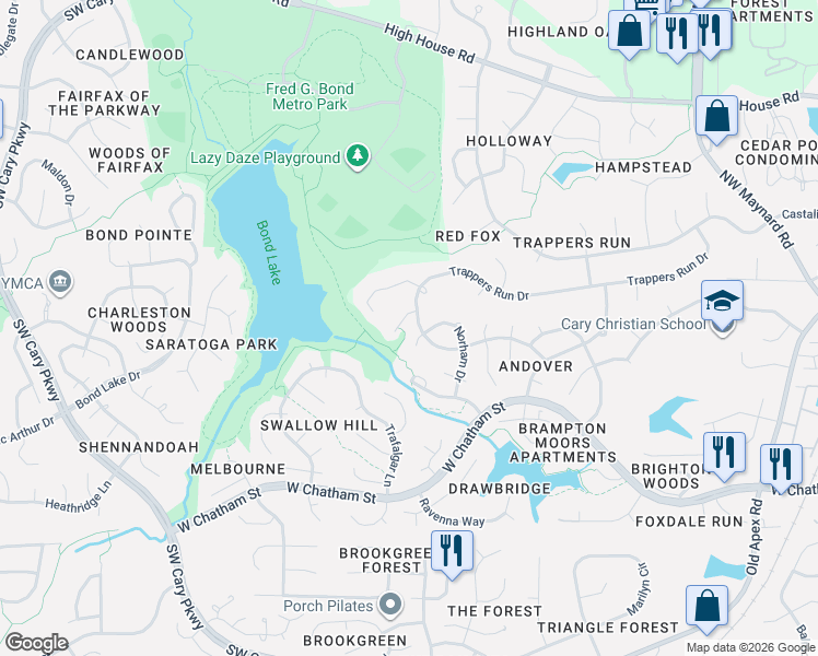 map of restaurants, bars, coffee shops, grocery stores, and more near 106 Corgy Drive in Cary