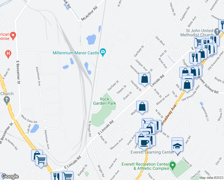 map of restaurants, bars, coffee shops, grocery stores, and more near 622 Garfield Street in Alcoa