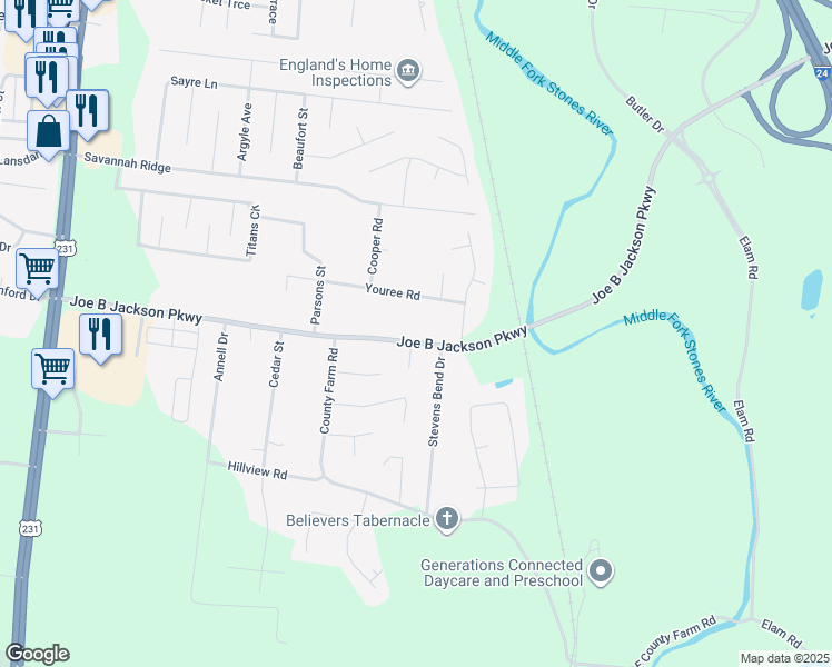 map of restaurants, bars, coffee shops, grocery stores, and more near 605 Joe B Jackson Parkway in Murfreesboro