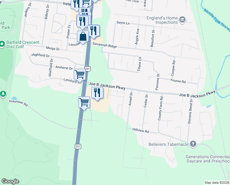 map of restaurants, bars, coffee shops, grocery stores, and more near 322 Rowlette Circle in Murfreesboro