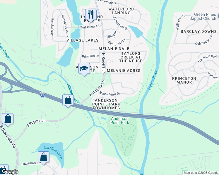 map of restaurants, bars, coffee shops, grocery stores, and more near 290 North Rogers Lane in Raleigh