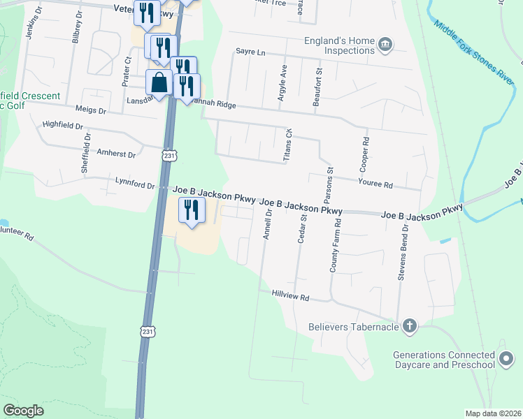 map of restaurants, bars, coffee shops, grocery stores, and more near 264 Joe B Jackson Parkway in Murfreesboro