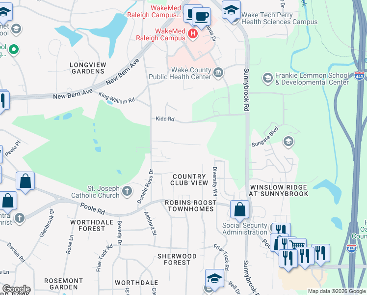 map of restaurants, bars, coffee shops, grocery stores, and more near 2918 Haven Road in Raleigh