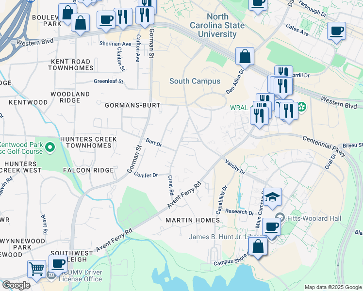 map of restaurants, bars, coffee shops, grocery stores, and more near 1527 Crest Road in Raleigh