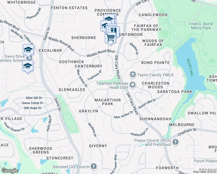 map of restaurants, bars, coffee shops, grocery stores, and more near 117 Disraeli Drive in Cary
