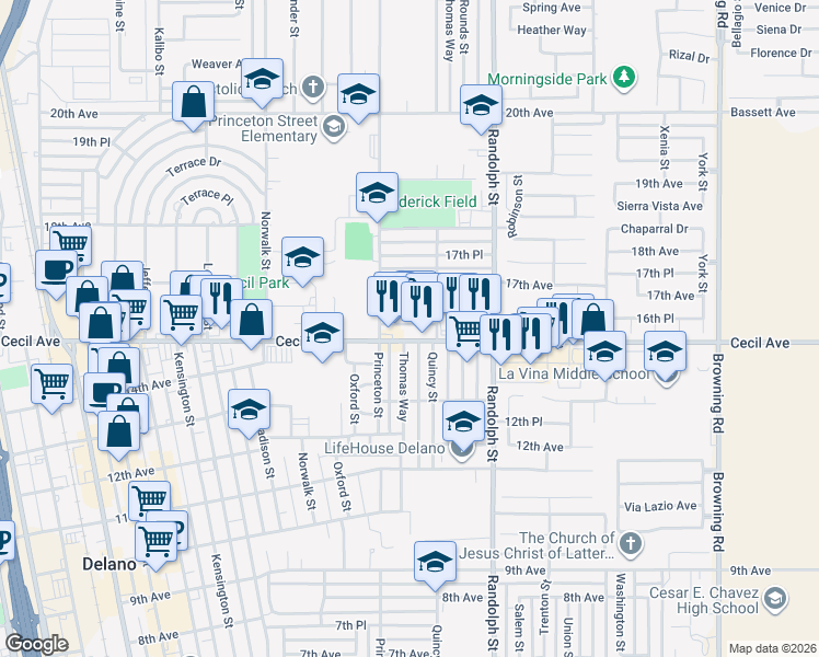 map of restaurants, bars, coffee shops, grocery stores, and more near 1631 Cecil Avenue in Delano
