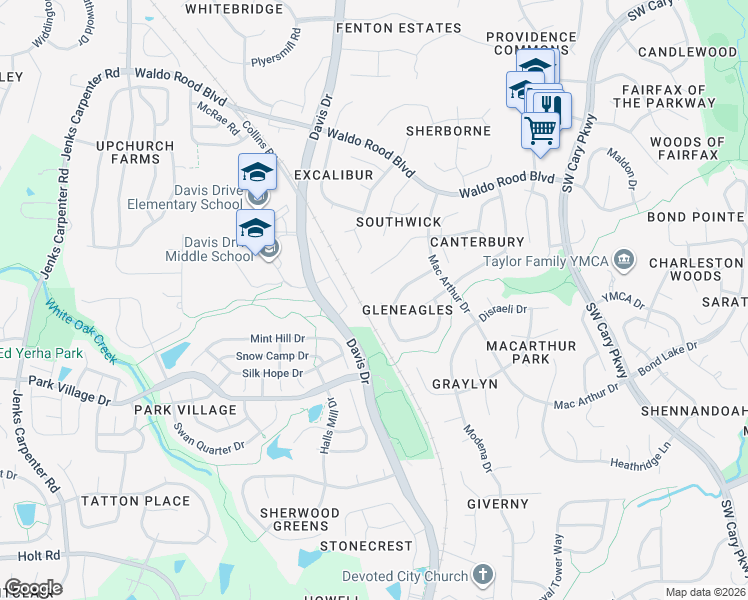 map of restaurants, bars, coffee shops, grocery stores, and more near 105 Dumnonia Court in Cary