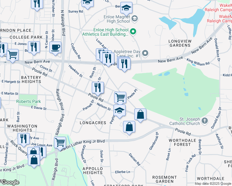 map of restaurants, bars, coffee shops, grocery stores, and more near 2204 Hawkins Street in Raleigh