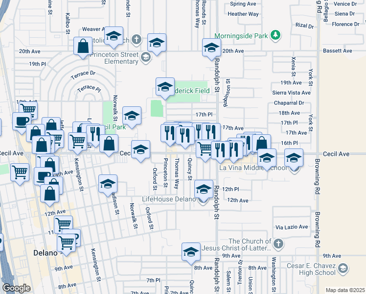 map of restaurants, bars, coffee shops, grocery stores, and more near 1631 Cecil Avenue in Delano