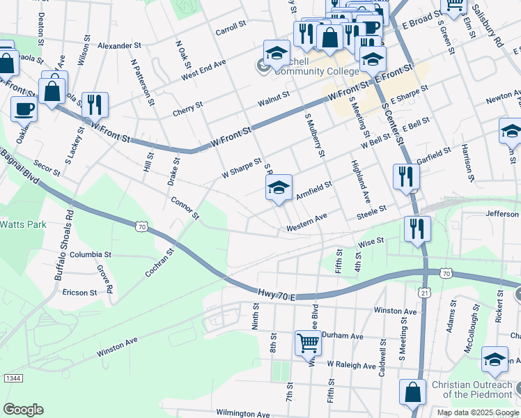 map of restaurants, bars, coffee shops, grocery stores, and more near 625 West Bell Street in Statesville