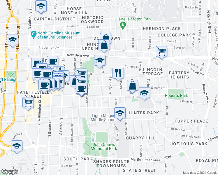 map of restaurants, bars, coffee shops, grocery stores, and more near 610 East Martin Street in Raleigh