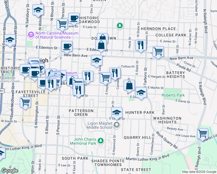 map of restaurants, bars, coffee shops, grocery stores, and more near 610 East Martin Street in Raleigh