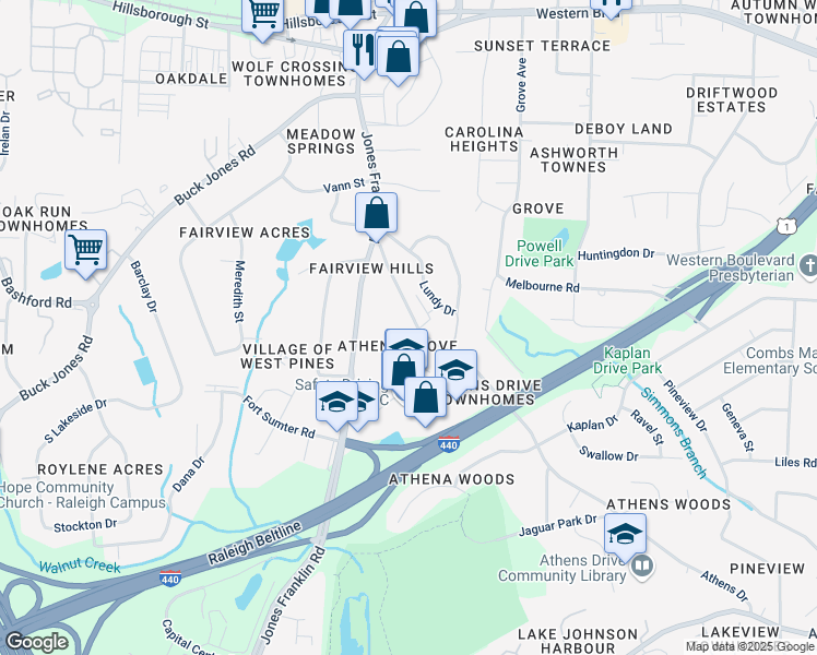 map of restaurants, bars, coffee shops, grocery stores, and more near 900 Bouree Circle in Raleigh