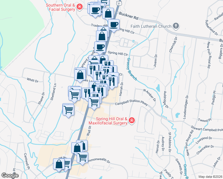 map of restaurants, bars, coffee shops, grocery stores, and more near 2001 Campbell Station Parkway in Spring Hill