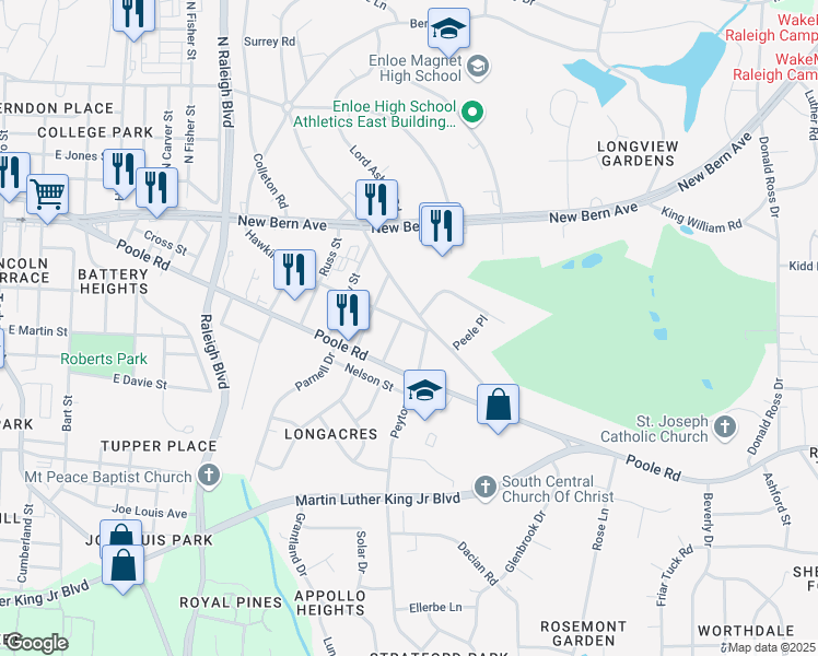 map of restaurants, bars, coffee shops, grocery stores, and more near 2202 Hawkins Street in Raleigh